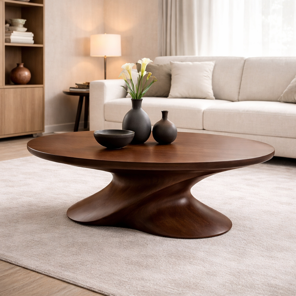 Modern Solid Wood Coffee Table with Sculptural Base – Contemporary Round Coffee Table - view 4 of 8