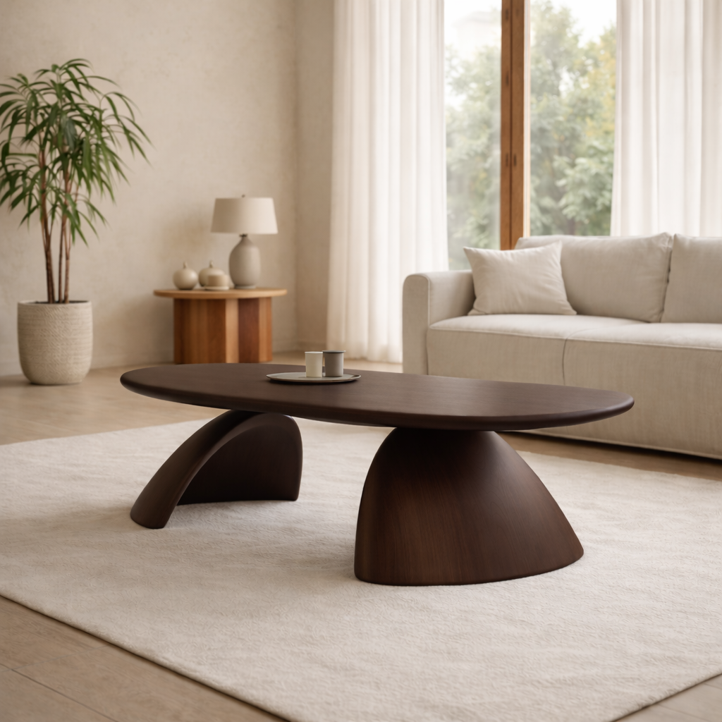 Solid Wood Oval Coffee Table – Sculptural Modern Living Room Center Table - view 4 of 7