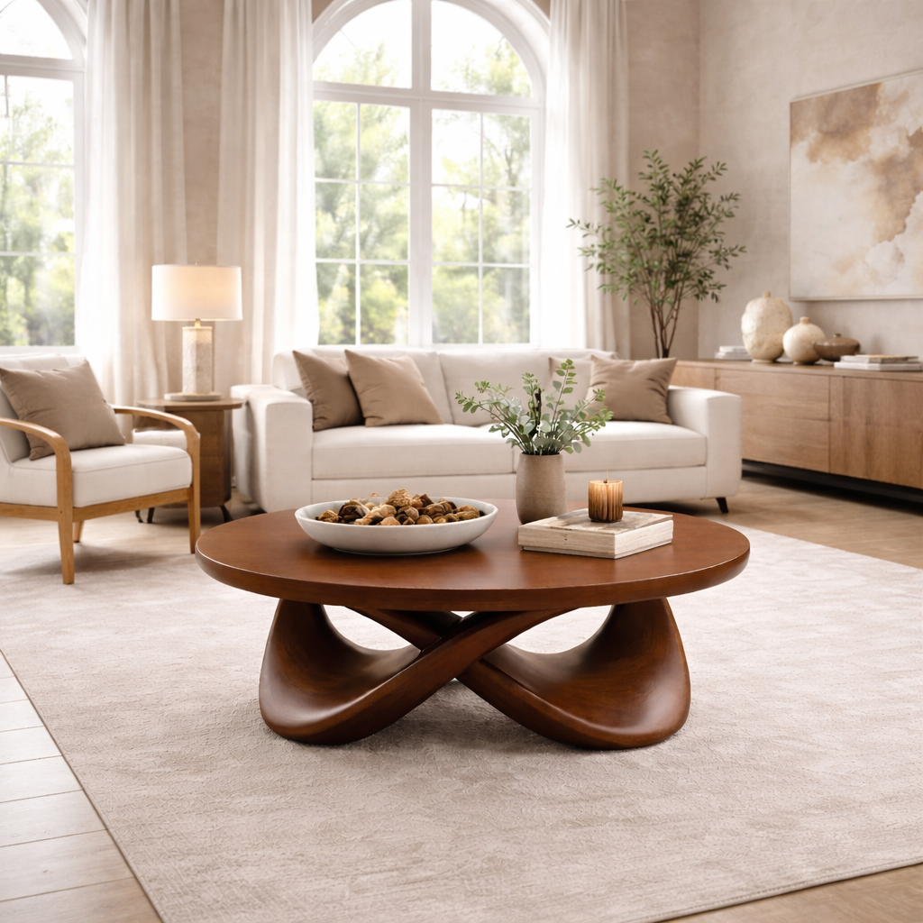 Round Solid Wood Coffee Table with Sculptural Base – Modern Designer Living Room Table - view 4 of 9