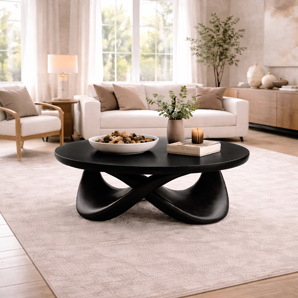 Round Solid Wood Coffee Table with Sculptural Base – Modern Designer Living Room Table - view 5 of 9