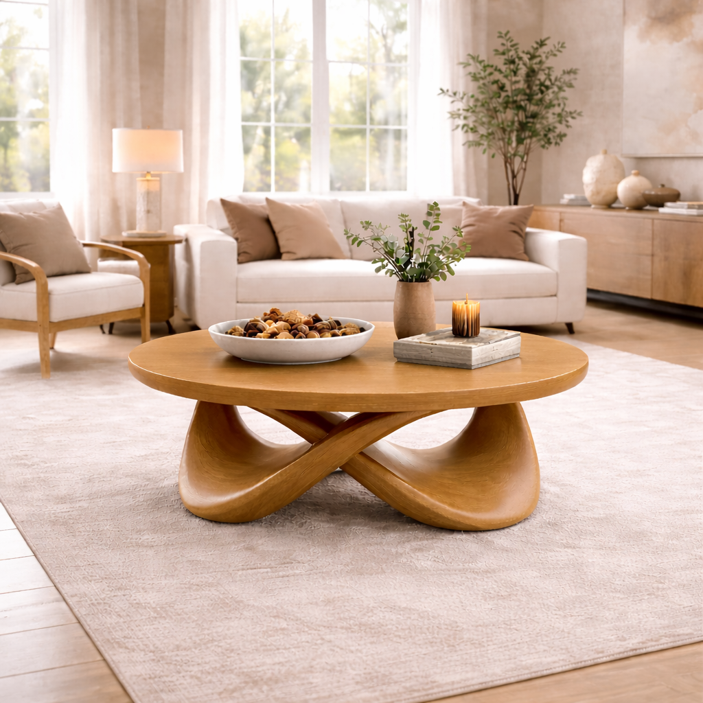 Round Solid Wood Coffee Table with Sculptural Base – Modern Designer Living Room Table - view 6 of 9