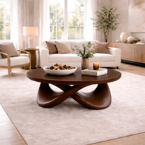 Round Solid Wood Coffee Table with Sculptural Base – Modern Designer Living Room Table - view 1 of 9