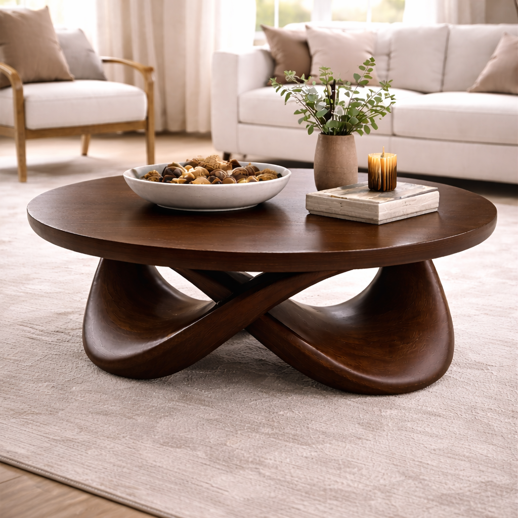 Round Solid Wood Coffee Table with Sculptural Base – Modern Designer Living Room Table - view 2 of 9