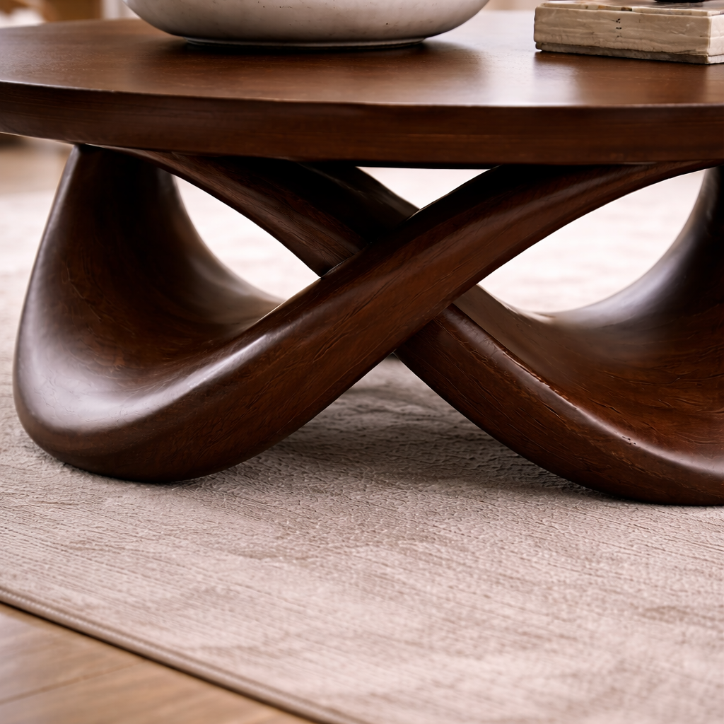 Round Solid Wood Coffee Table with Sculptural Base – Modern Designer Living Room Table - view 3 of 9