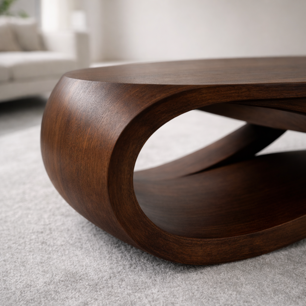 Solid Wood Oval Coffee Table with Sculptural Base – Modern Designer Living Room Table - view 2 of 9