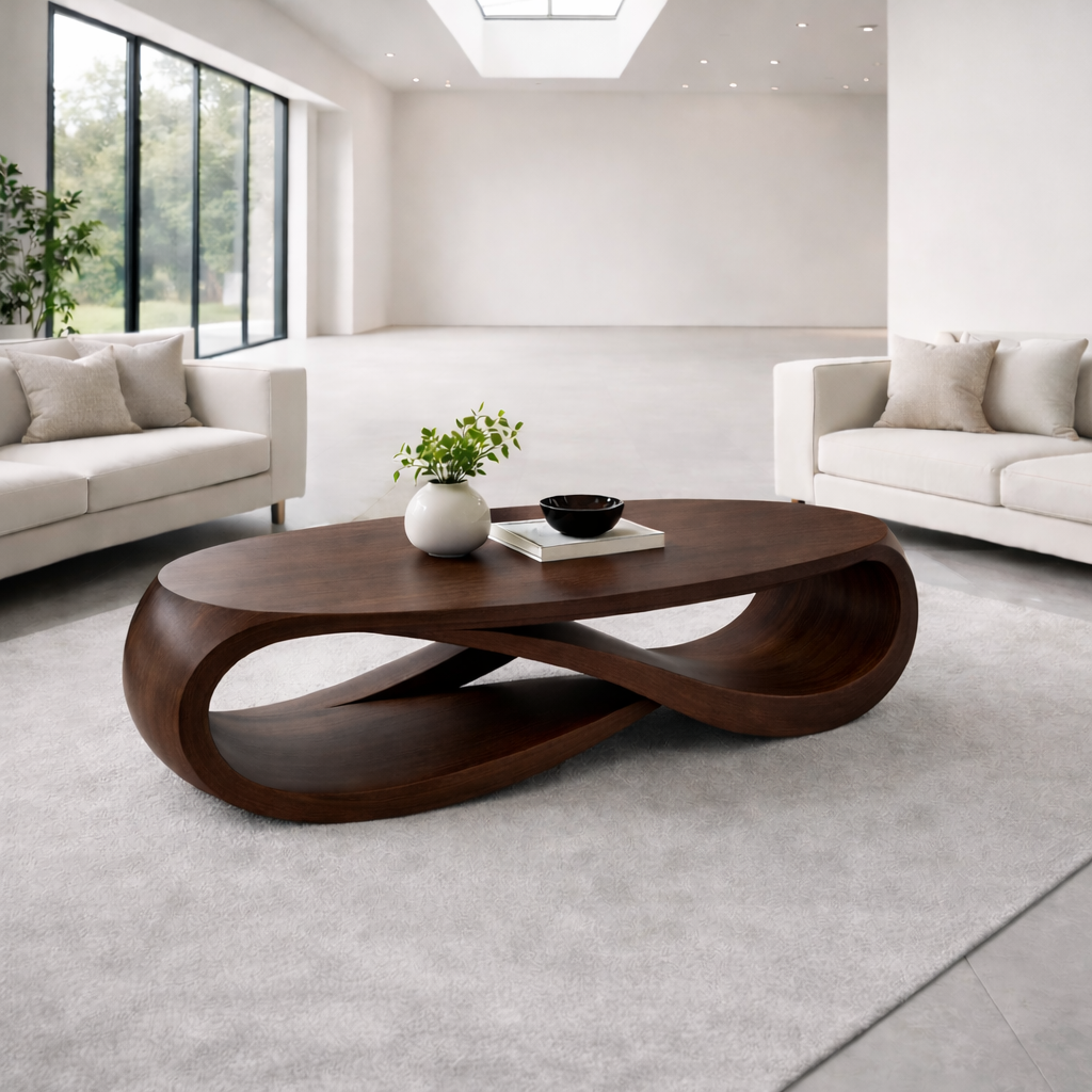 Solid Wood Oval Coffee Table with Sculptural Base – Modern Designer Living Room Table - view 1 of 9