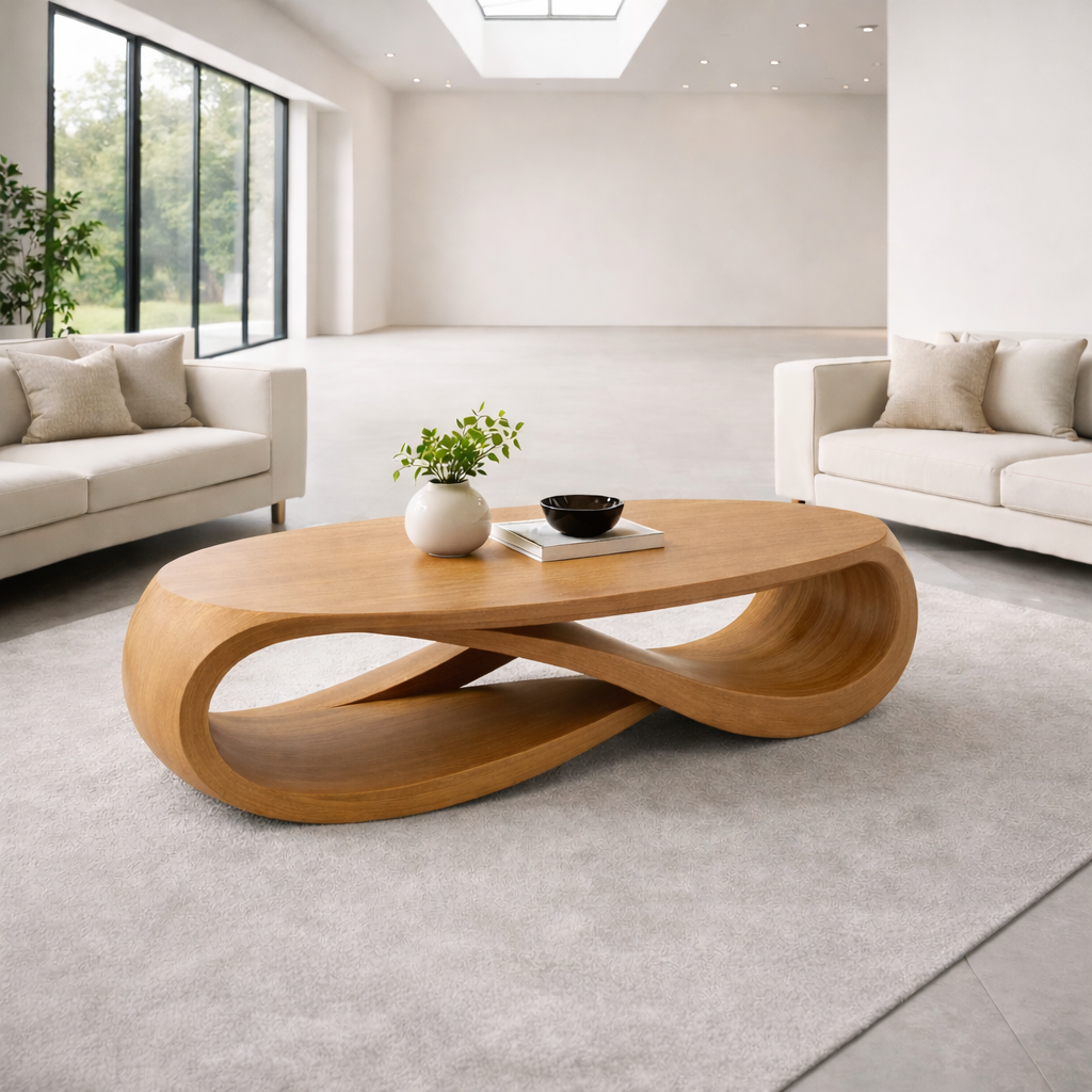 Solid Wood Oval Coffee Table with Sculptural Base – Modern Designer Living Room Table - view 4 of 9