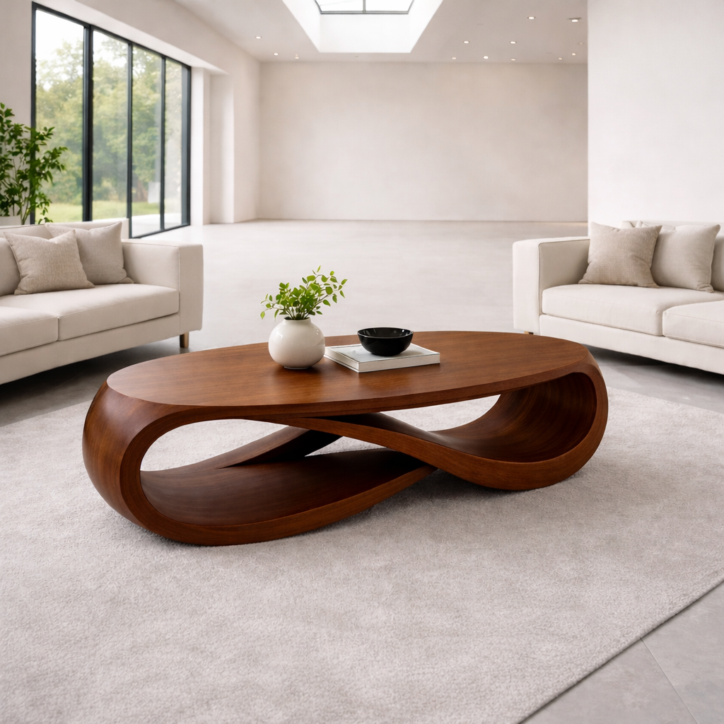 Solid Wood Oval Coffee Table with Sculptural Base – Modern Designer Living Room Table - view 5 of 9
