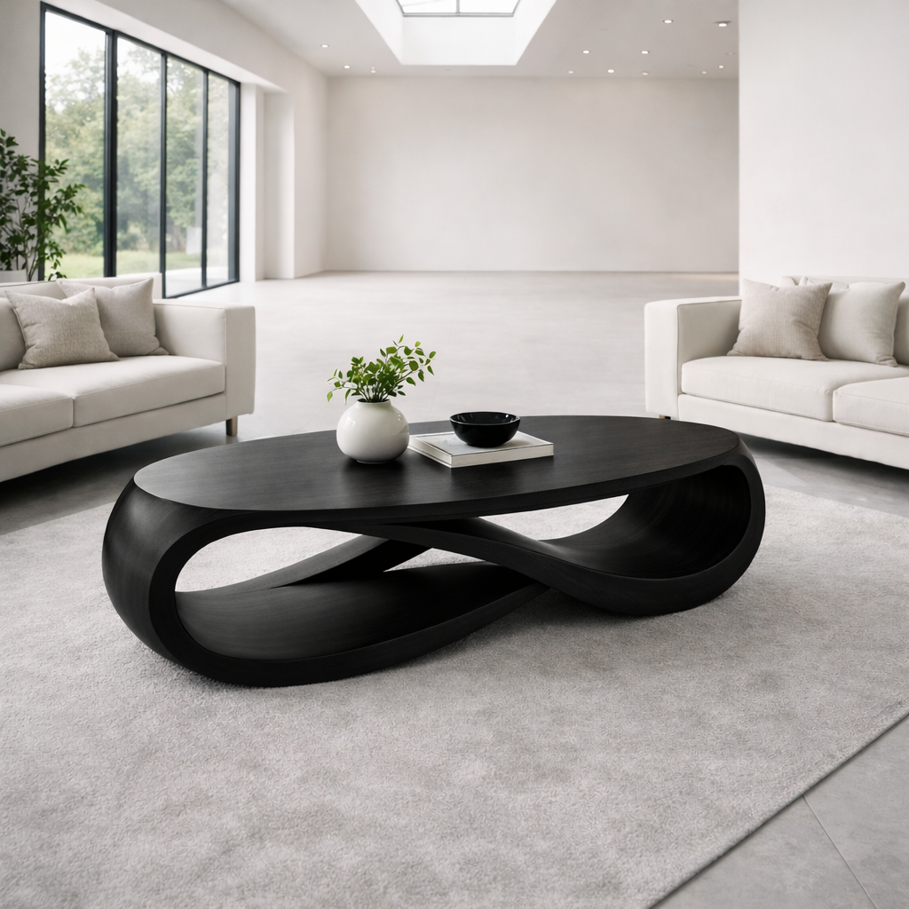Solid Wood Oval Coffee Table with Sculptural Base – Modern Designer Living Room Table - view 6 of 9