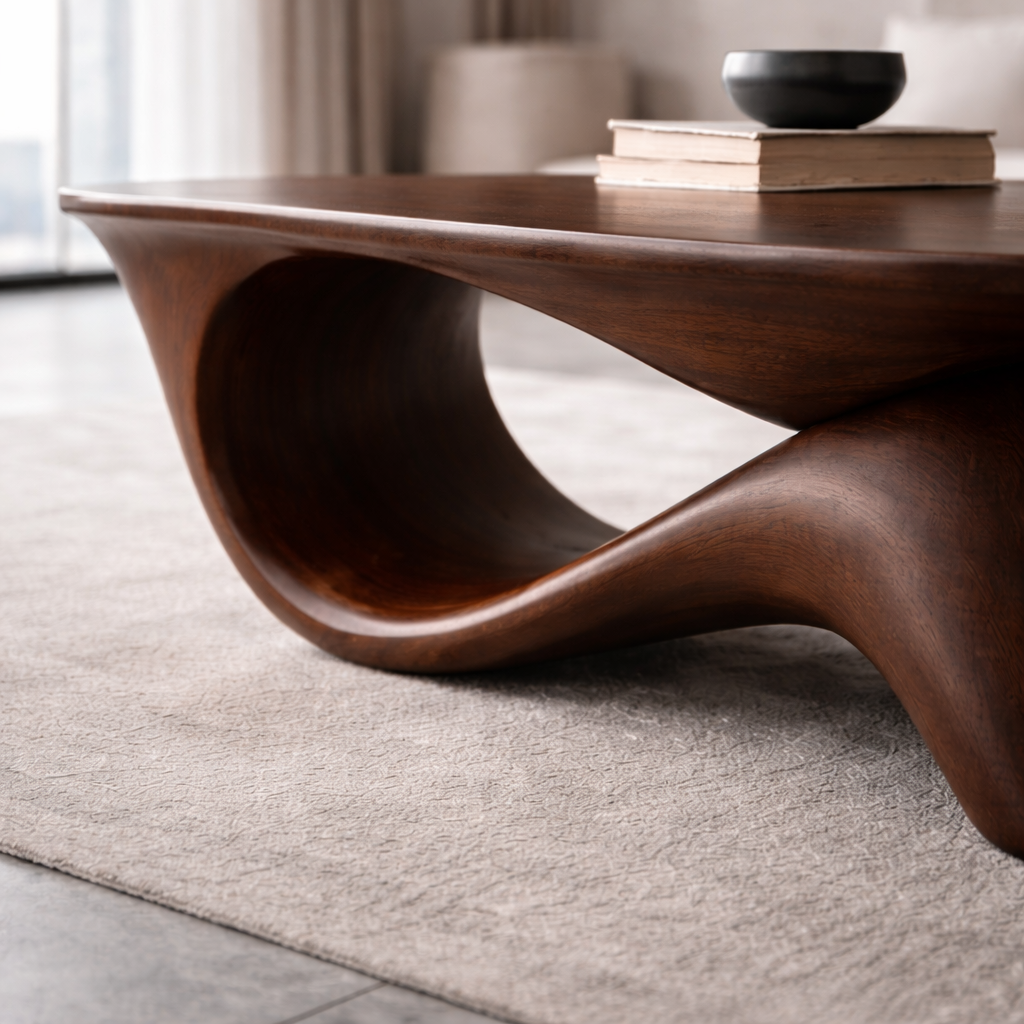 Organic Solid Wood Coffee Table with Sculpted Base – Modern Designer Living Room Table - view 2 of 8