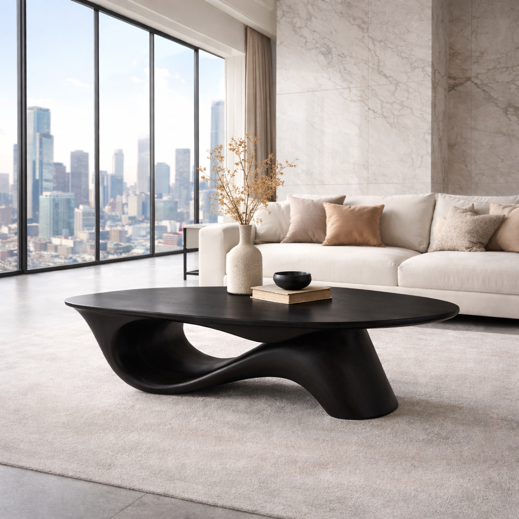 Organic Solid Wood Coffee Table with Sculpted Base – Modern Designer Living Room Table - view 4 of 8