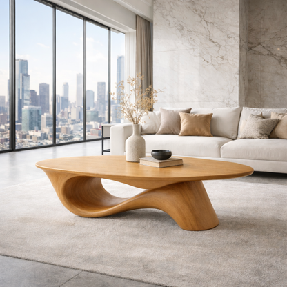 Organic Solid Wood Coffee Table with Sculpted Base – Modern Designer Living Room Table - view 3 of 8