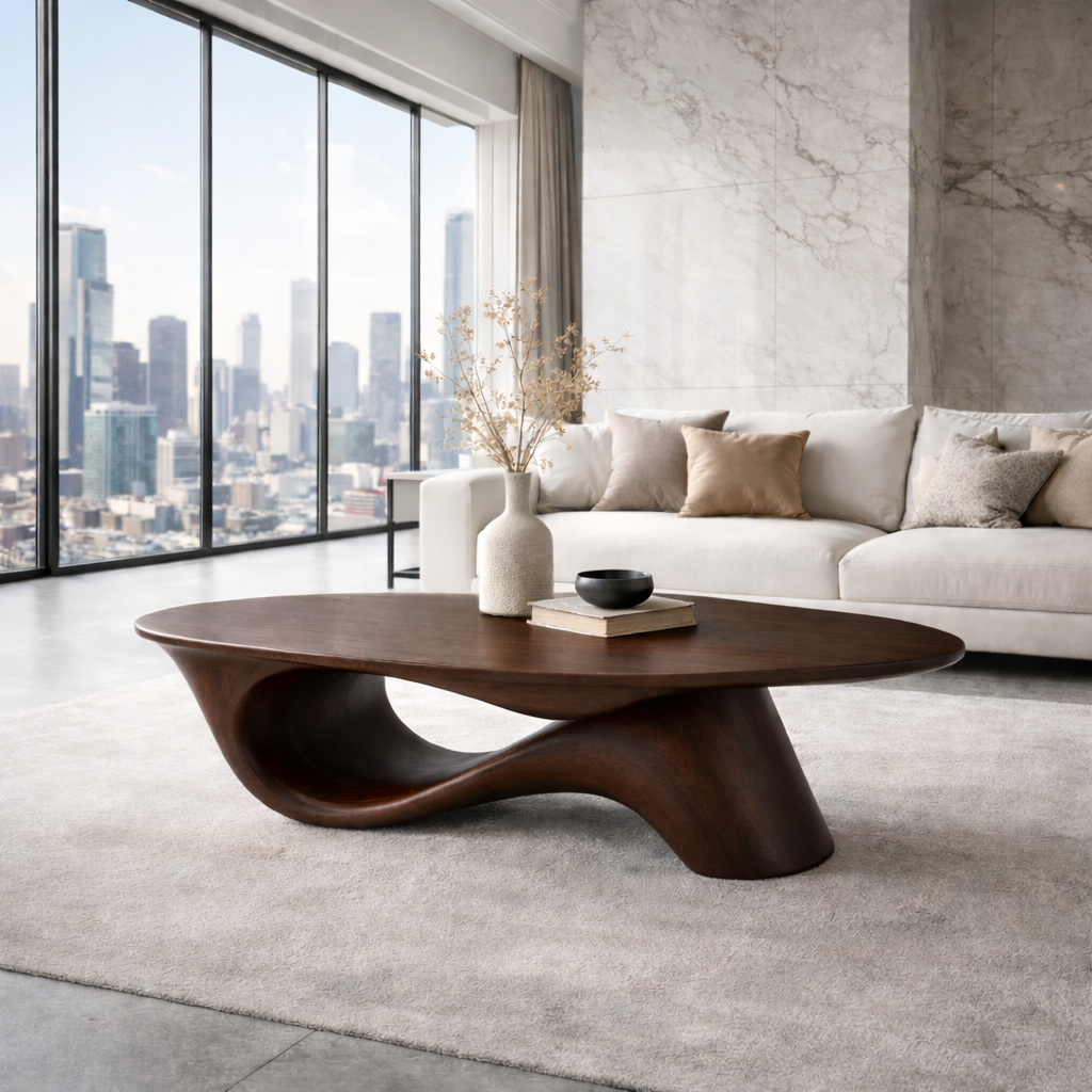 Organic Solid Wood Coffee Table with Sculpted Base – Modern Designer Living Room Table - view 6 of 8
