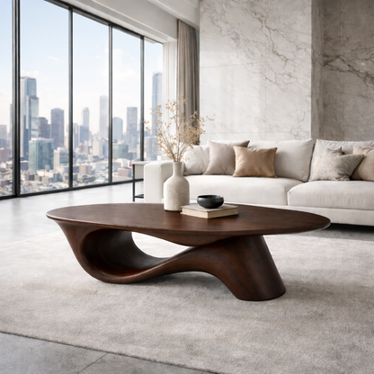 Organic Solid Wood Coffee Table with Sculpted Base – Modern Designer Living Room Table - view 6 of 8