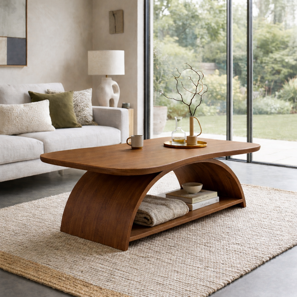 Curved Solid Wood Coffee Table with Open Shelf – Modern Sculptural Design - view 2 of 7