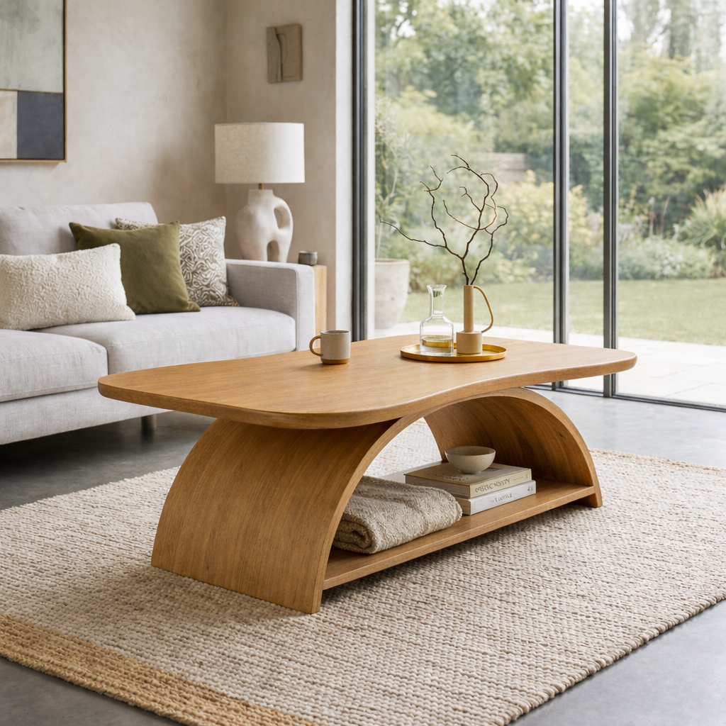 Curved Solid Wood Coffee Table with Open Shelf – Modern Sculptural Design - view 3 of 7