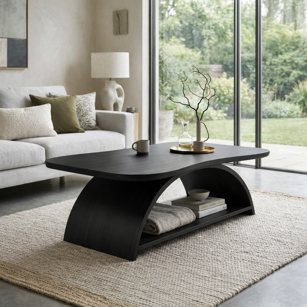 Curved Solid Wood Coffee Table with Open Shelf – Modern Sculptural Design - view 4 of 7