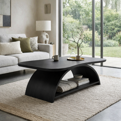 Curved Solid Wood Coffee Table with Open Shelf – Modern Sculptural Design - view 4 of 7