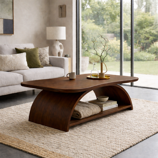 Curved Solid Wood Coffee Table with Open Shelf – Modern Sculptural Design - view 1 of 7