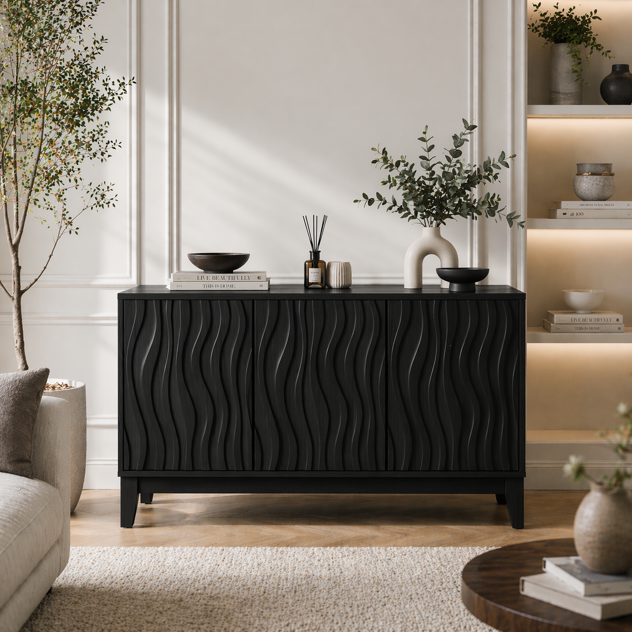 Solid Wood Fluted Console Sideboard – Modern Walnut Storage Cabinet - view 5 of 9
