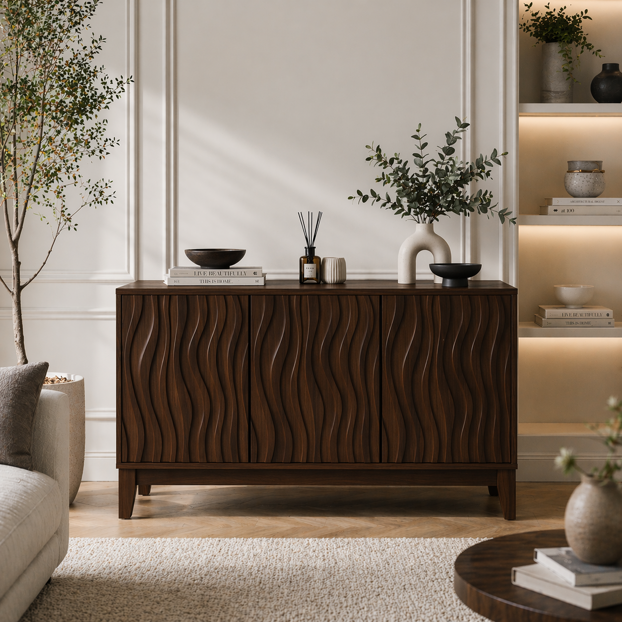 Solid Wood Fluted Console Sideboard – Modern Walnut Storage Cabinet - view 3 of 9