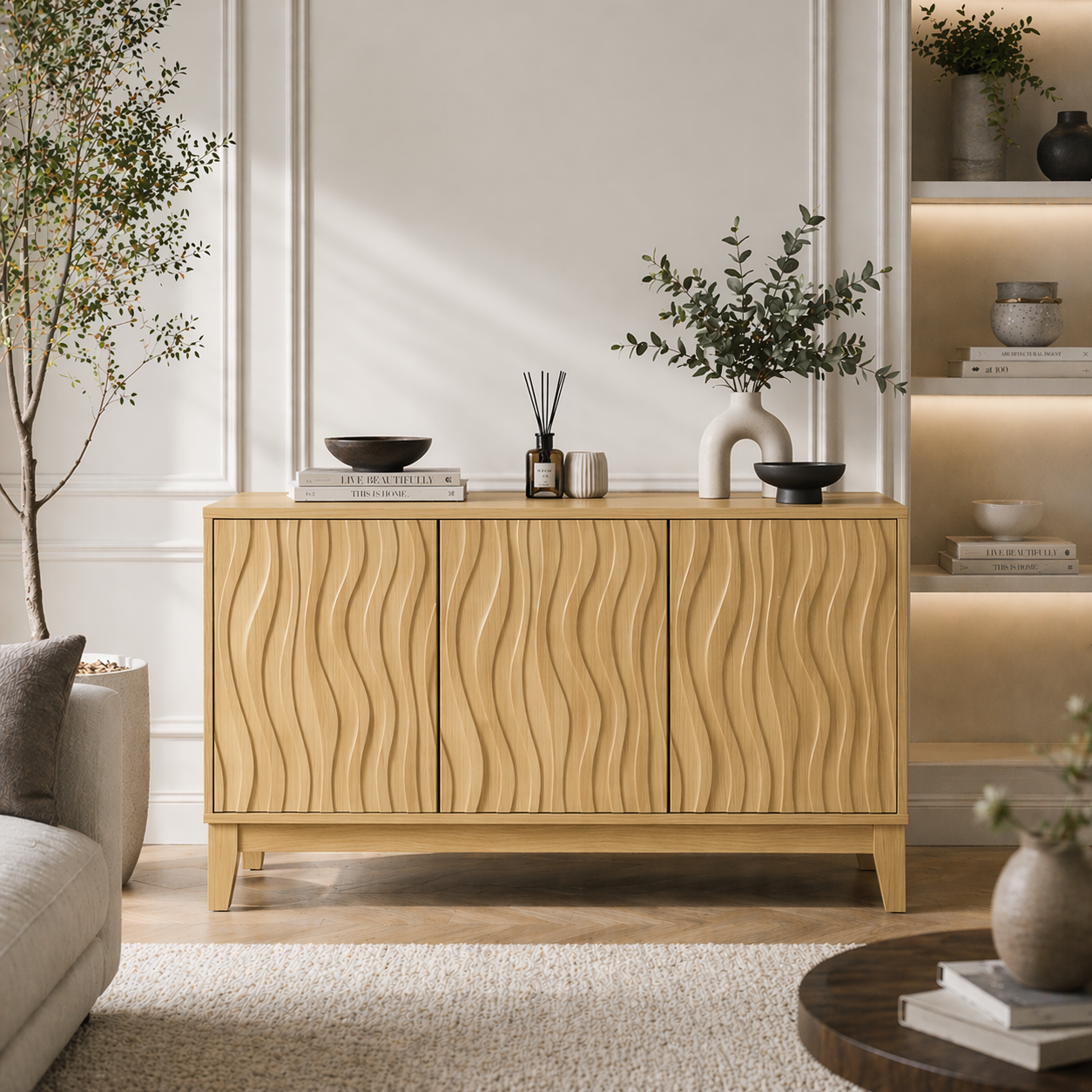 Solid Wood Fluted Console Sideboard – Modern Walnut Storage Cabinet - view 4 of 9
