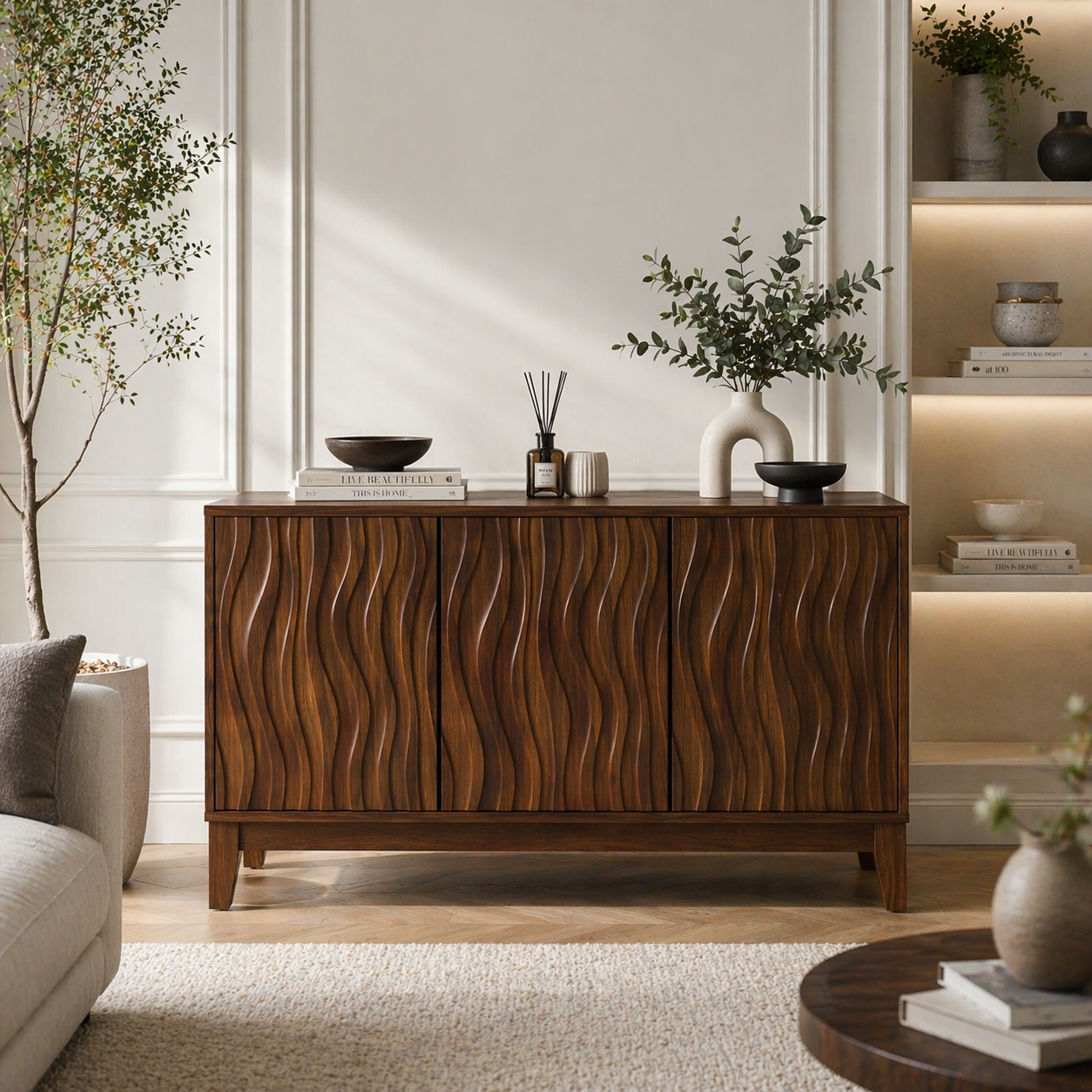 Solid Wood Fluted Console Sideboard – Modern Walnut Storage Cabinet - view 1 of 9