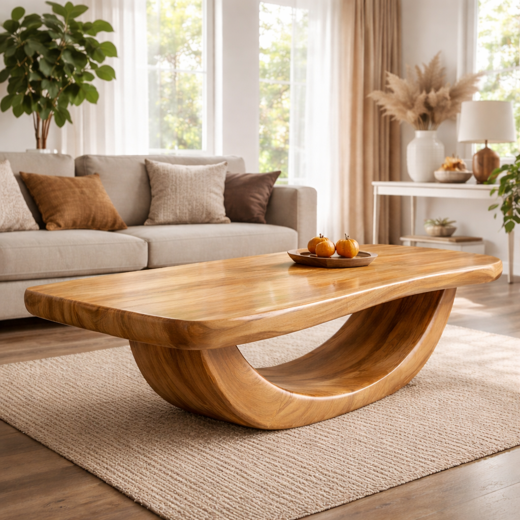 Solid Wood Coffee Table with Curved Sculptural Base and Thick Slab Top - view 4 of 9