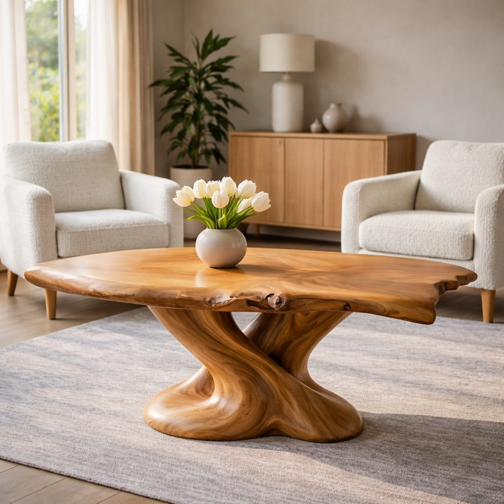 Solid Wood Live Edge Coffee Table with Sculptural Twisted Base - view 1 of 9
