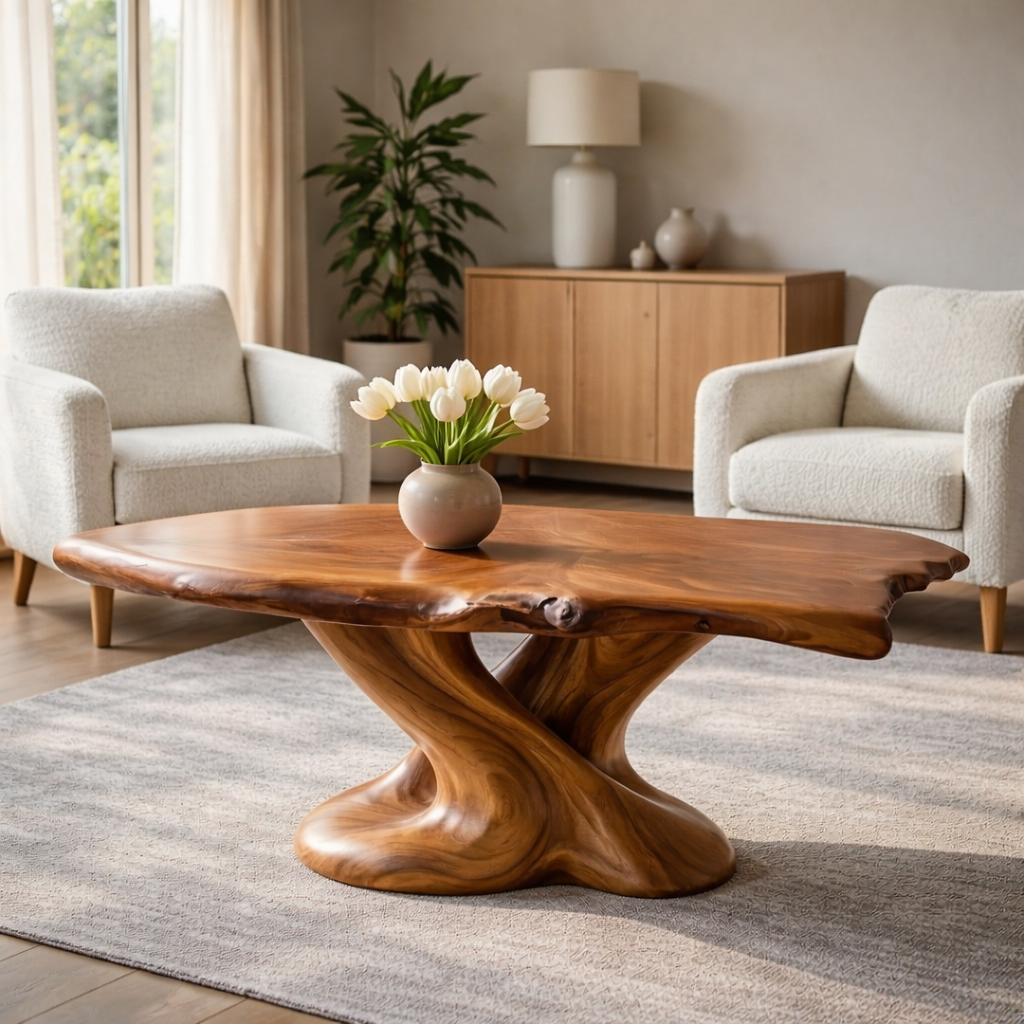 Solid Wood Live Edge Coffee Table with Sculptural Twisted Base - view 3 of 9