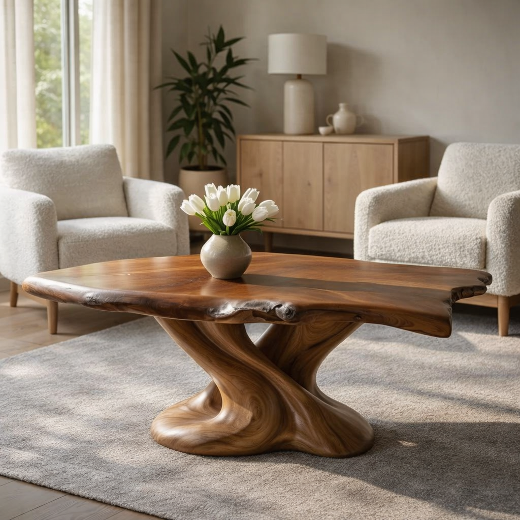 Solid Wood Live Edge Coffee Table with Sculptural Twisted Base - view 4 of 9