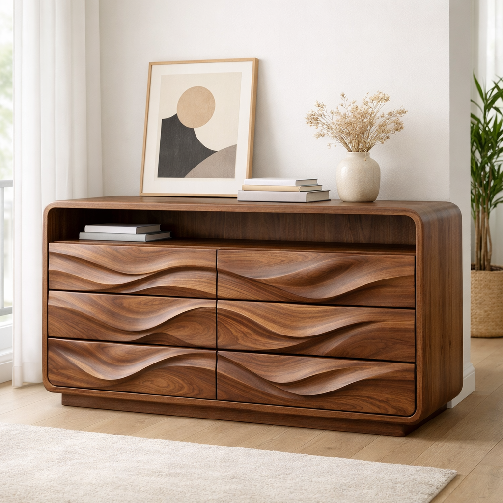 Solid Wood Console Table with Drawer Storage and Sculptural Wave Front Design - view 1 of 9