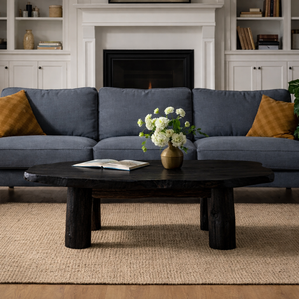 Solid Wood Round Coffee Table with Chunky Legs – Rustic Natural Wood Living Room Table - view 4 of 9