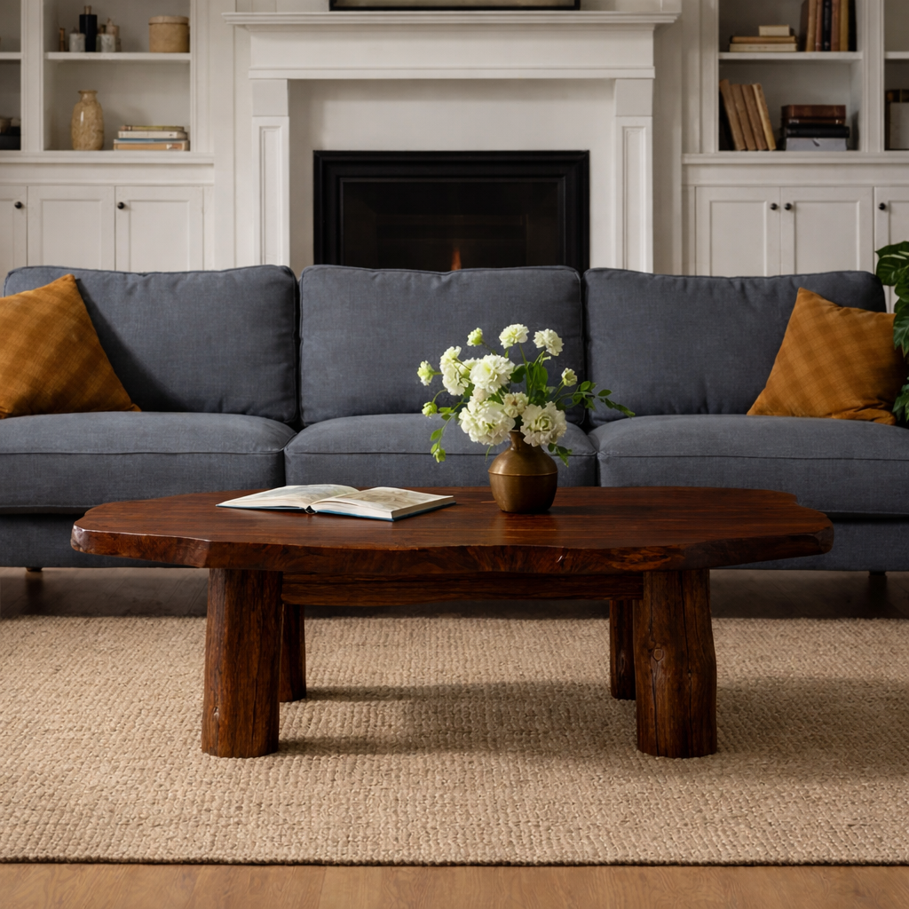 Solid Wood Round Coffee Table with Chunky Legs – Rustic Natural Wood Living Room Table - view 5 of 9