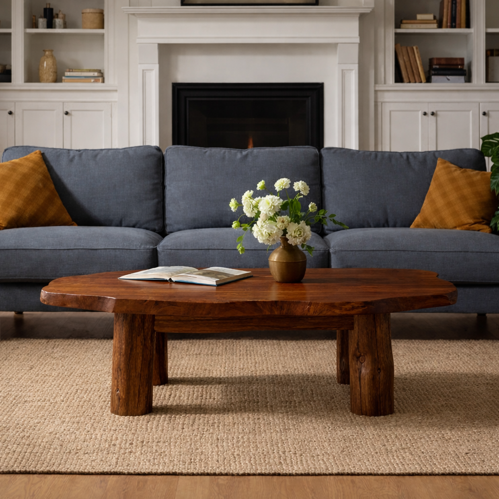 Solid Wood Round Coffee Table with Chunky Legs – Rustic Natural Wood Living Room Table - view 3 of 9