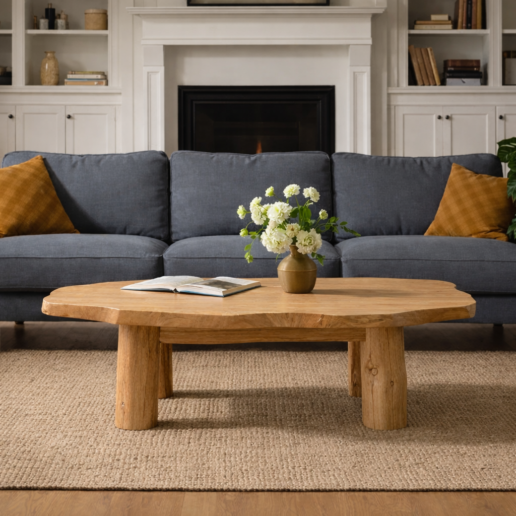 Solid Wood Round Coffee Table with Chunky Legs – Rustic Natural Wood Living Room Table - view 1 of 9