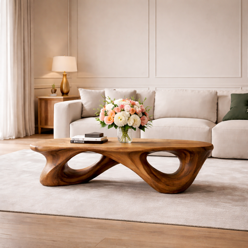 Handcrafted Solid Wood Coffee Table with Sculptural Open Loop Base - view 1 of 9