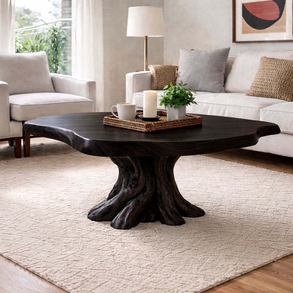 Solid Wood Round Coffee Table for Rustic Living Room with Tree Root Base - view 5 of 9