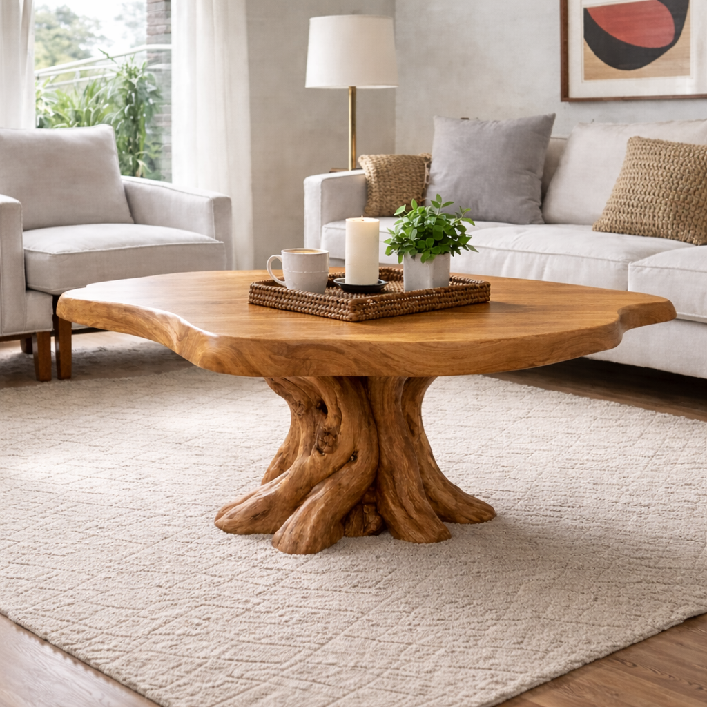 Solid Wood Round Coffee Table for Rustic Living Room with Tree Root Base - view 3 of 9