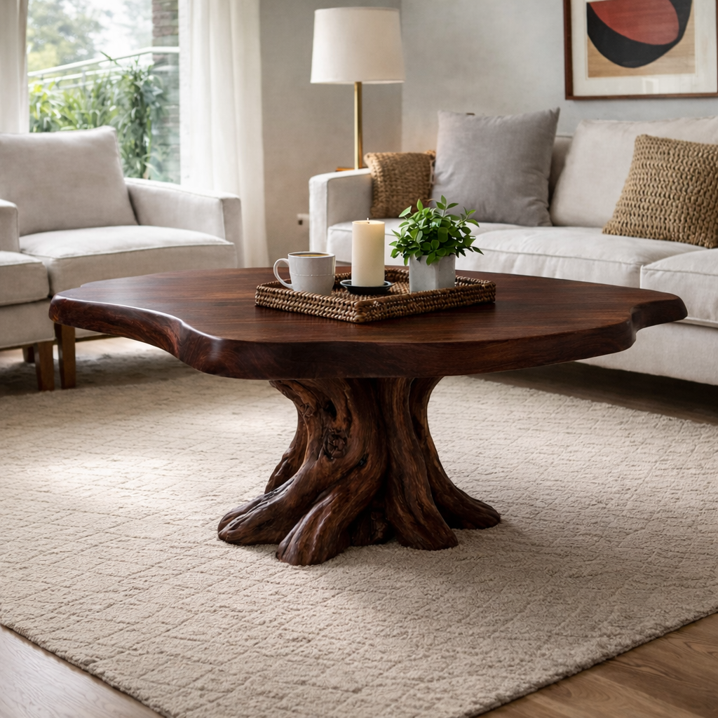 Solid Wood Round Coffee Table for Rustic Living Room with Tree Root Base - view 1 of 9