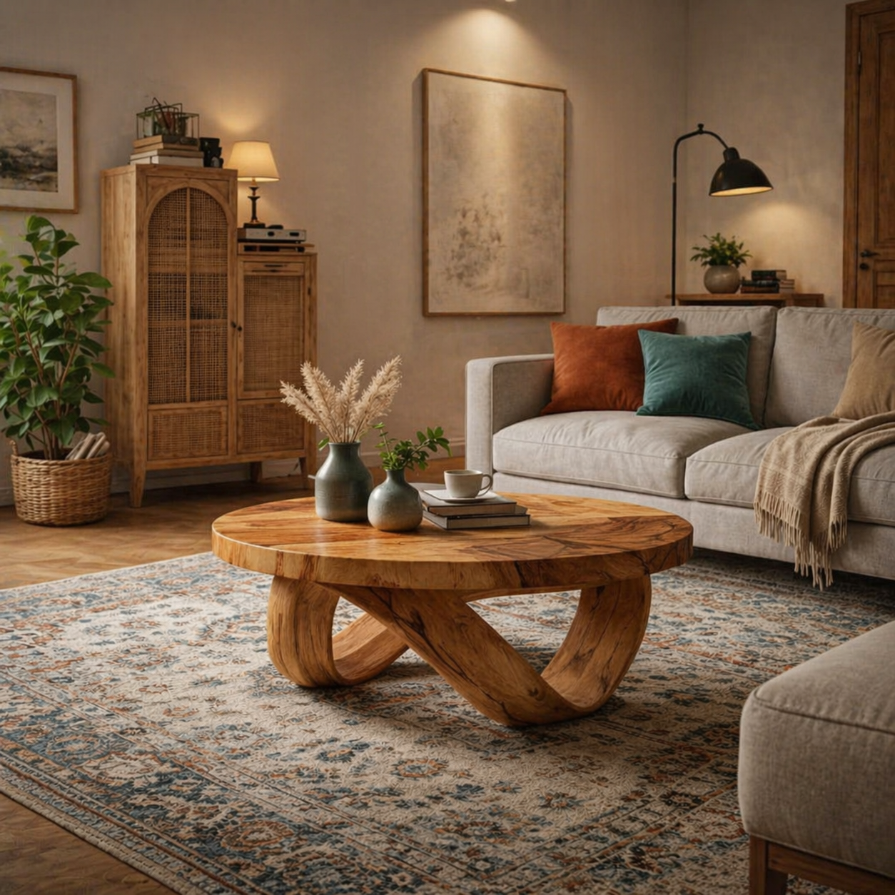 Round Solid Wood Coffee Table with Sculptural Curved Base in Warm Walnut Tone - view 1 of 9