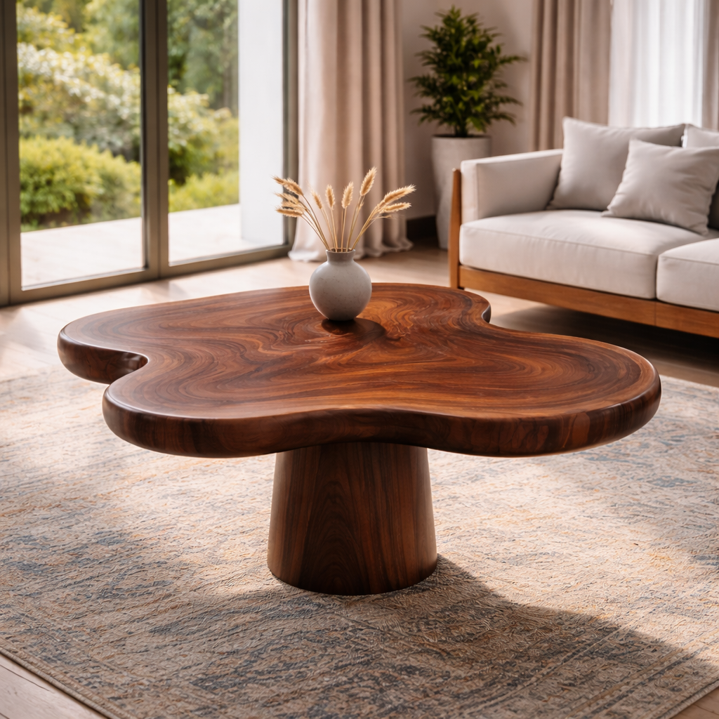 Organic Shape Solid Wood Coffee Table with Sculpted Pedestal Base - view 4 of 9