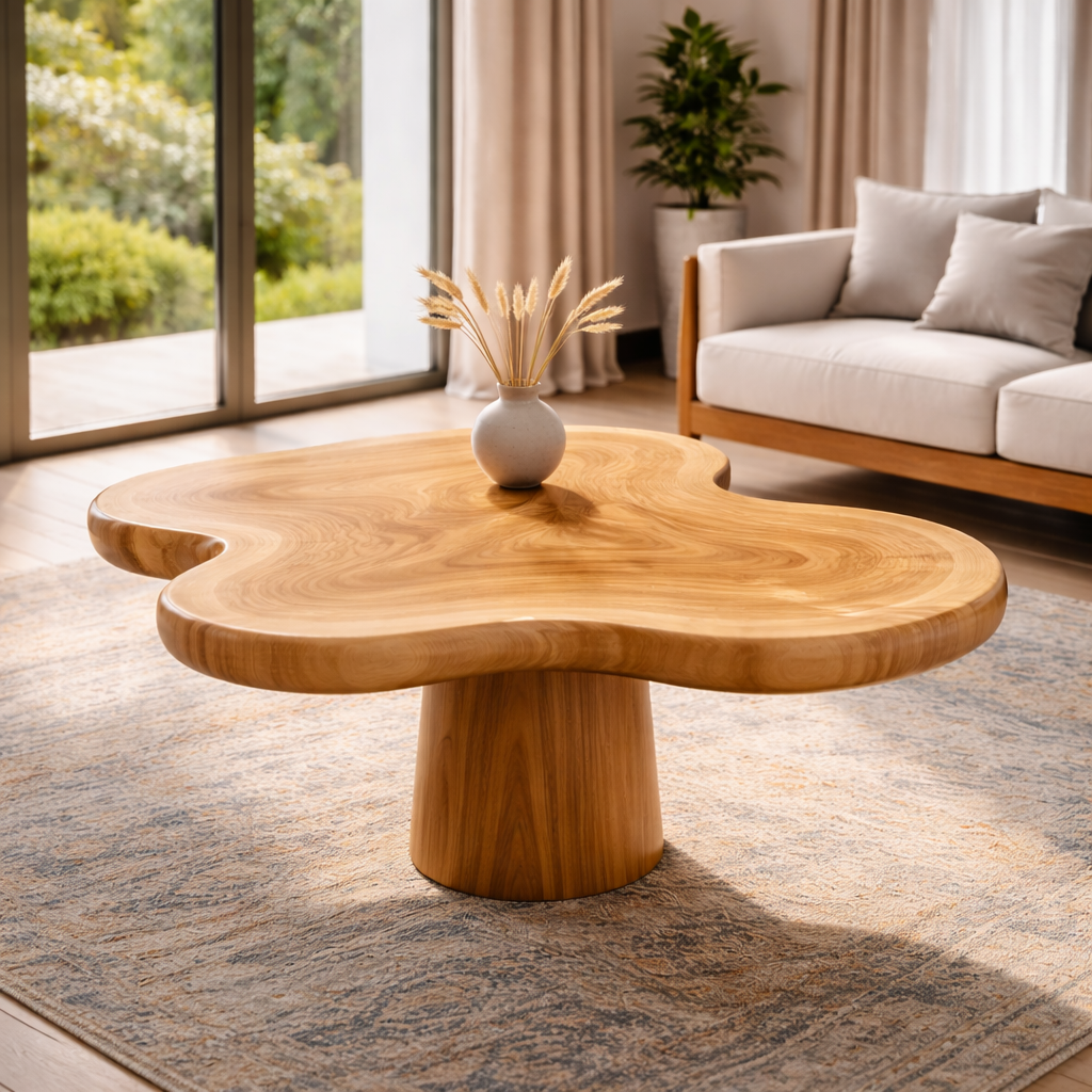 Organic Shape Solid Wood Coffee Table with Sculpted Pedestal Base - view 1 of 9