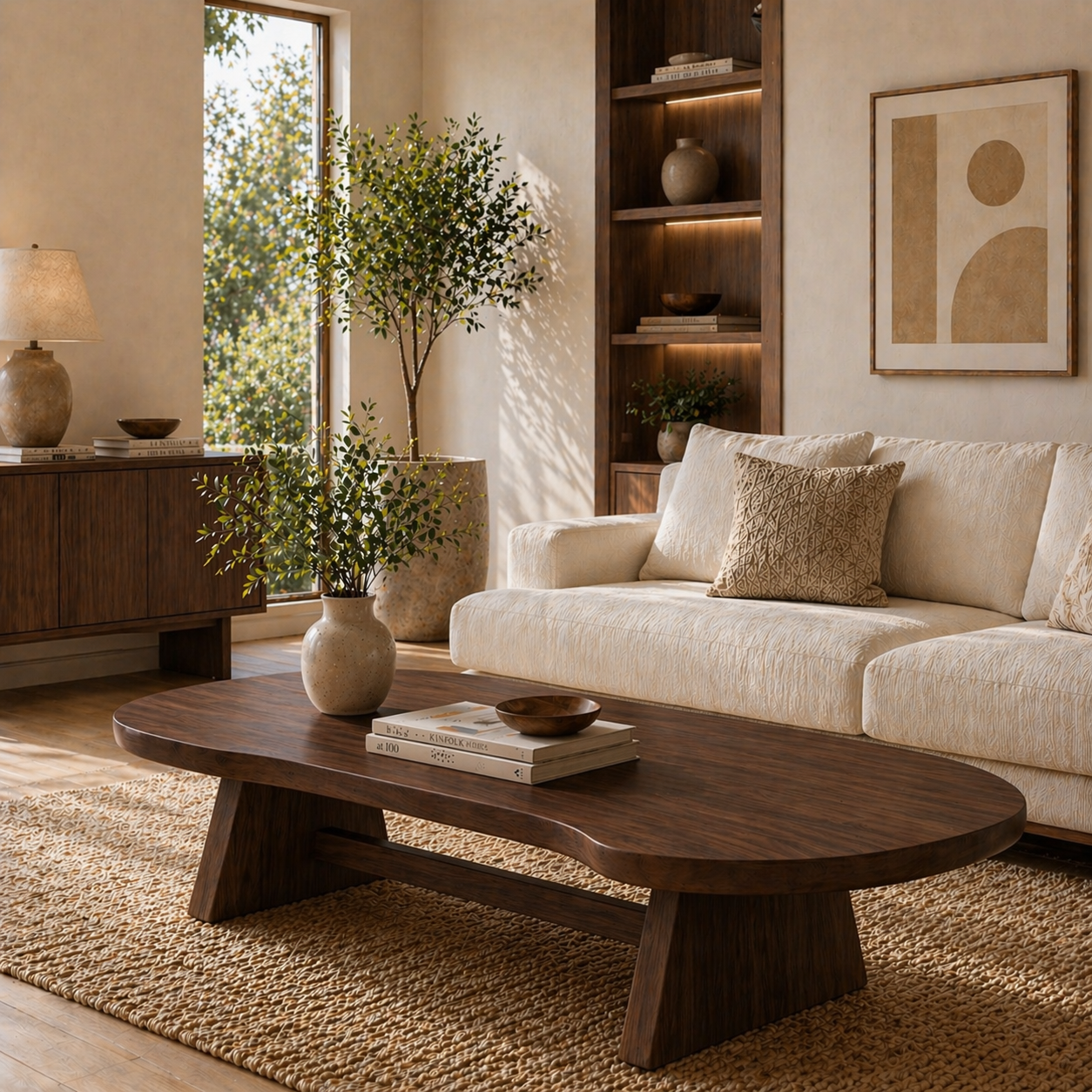 Solid Wood Coffee Table with Organic Oval Top and Angled Base - view 3 of 9