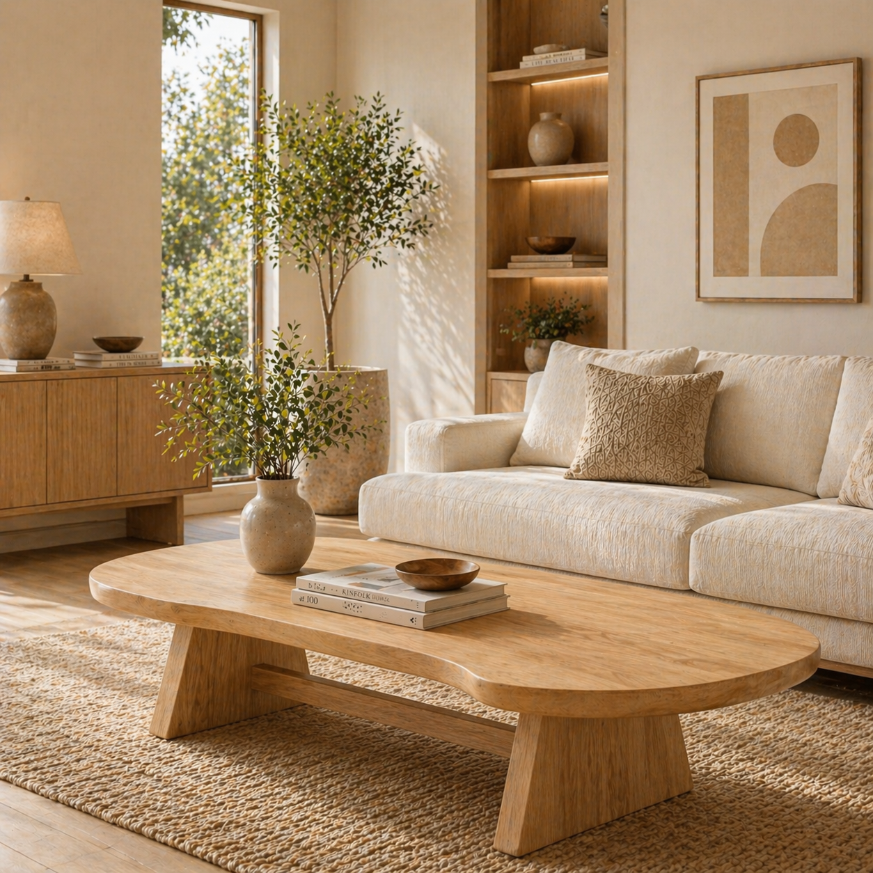 Solid Wood Coffee Table with Organic Oval Top and Angled Base - view 4 of 9