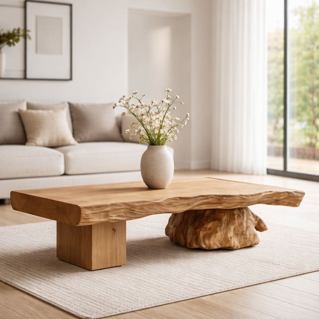 Live Edge Solid Wood Coffee Table with Sculptural Base – Handcrafted Rustic Modern Design - view 4 of 9