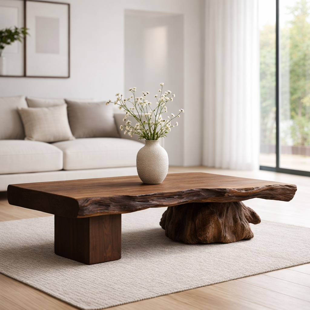 Live Edge Solid Wood Coffee Table with Sculptural Base – Handcrafted Rustic Modern Design - view 1 of 9