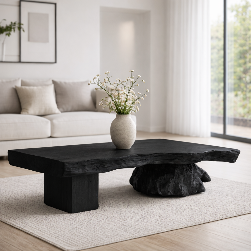 Live Edge Solid Wood Coffee Table with Sculptural Base – Handcrafted Rustic Modern Design - view 5 of 9