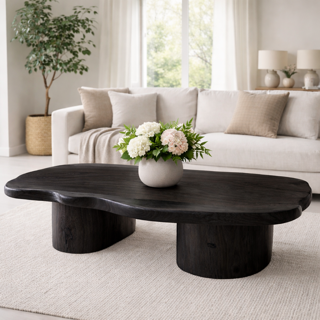 Solid Wood Coffee Table with Organic Shape & Dual Pedestal Base – Modern Rustic Design - view 5 of 9