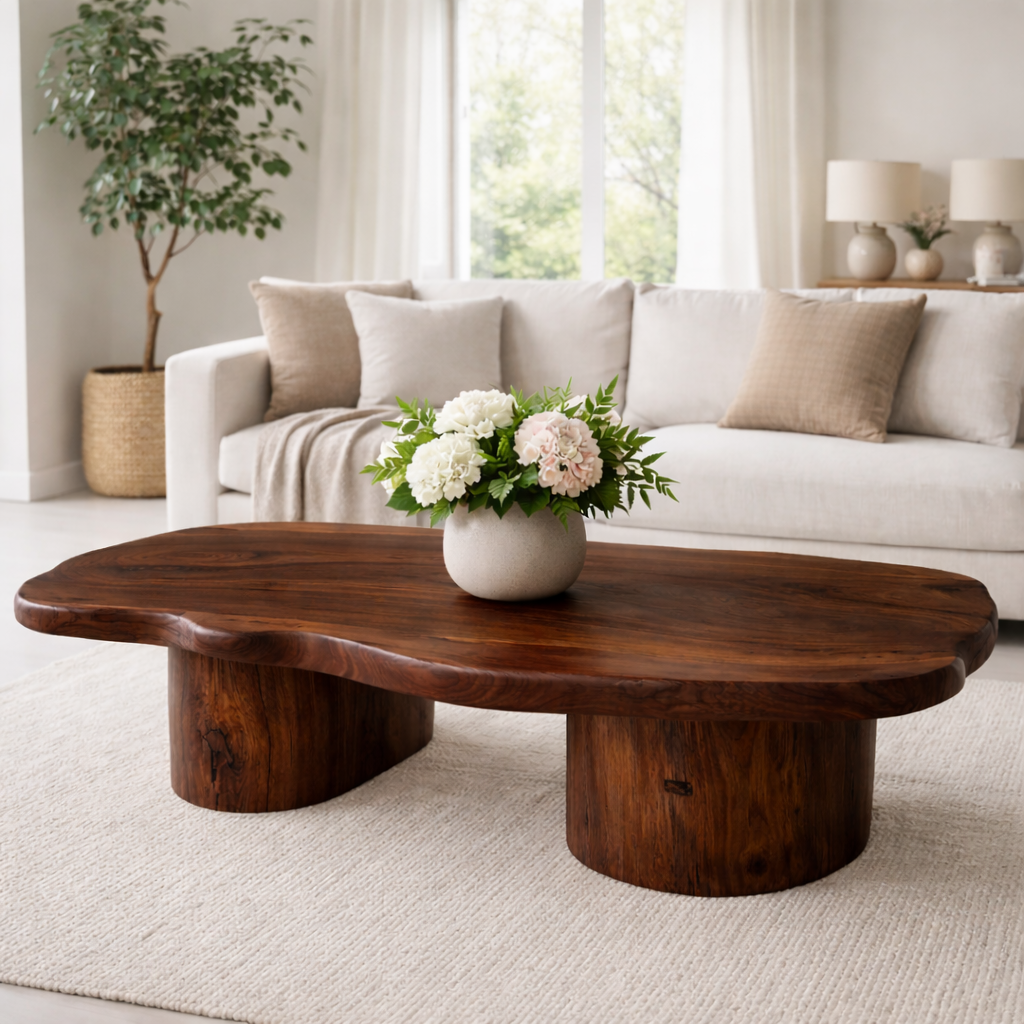 Solid Wood Coffee Table with Organic Shape & Dual Pedestal Base – Modern Rustic Design - view 3 of 9